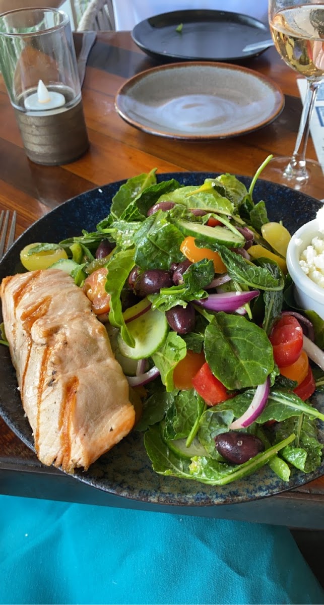 Greek salad with salmon