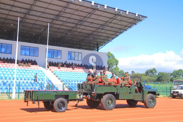 The military gun carrier that will be used the carry the remains of late General Francis Ogolla at Ulinzi sports complex on April 20, 2024.