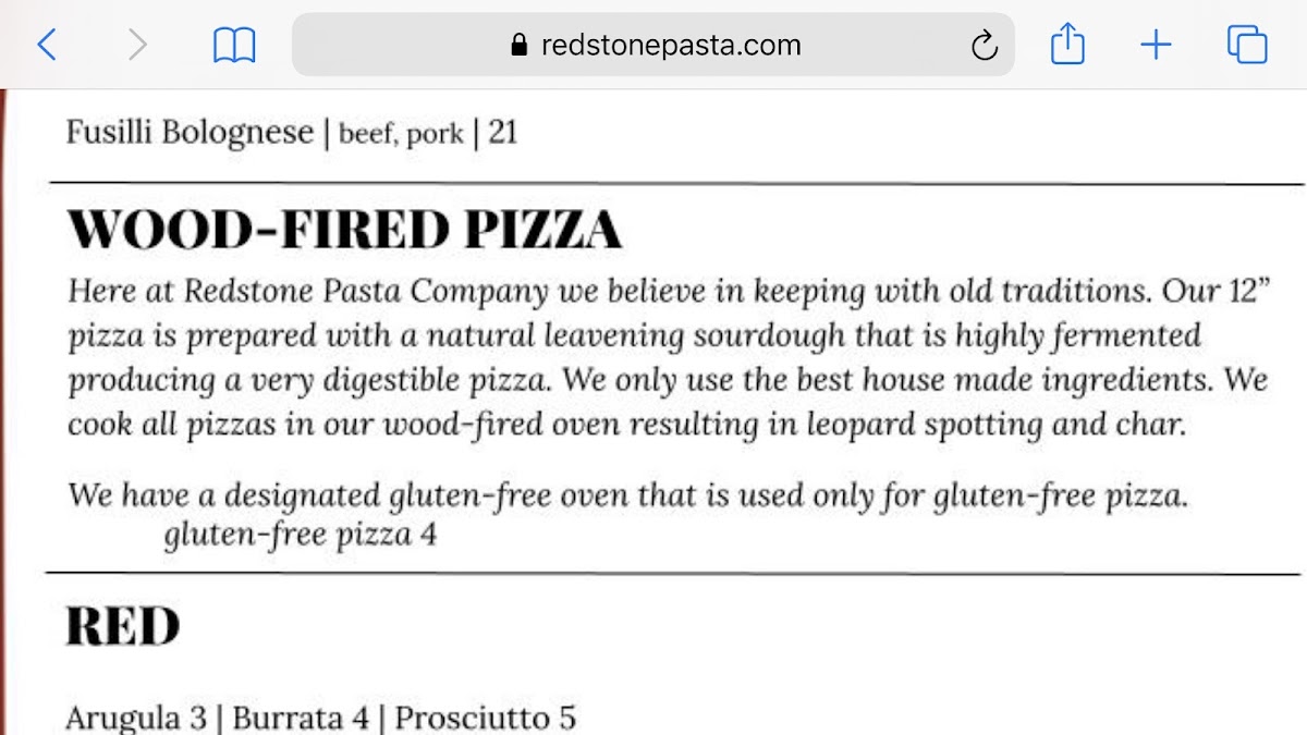 Redstone Pasta Company inc. gluten-free menu