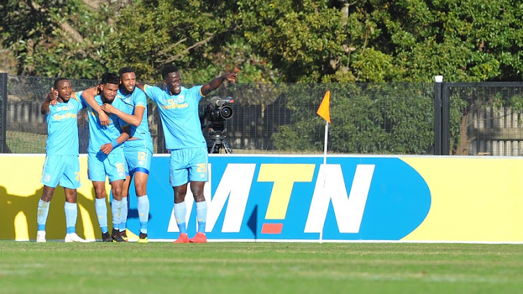 Keanu Cupido of Cape Town City celebrates goal with teammates during the MTN 8 Quarter final match between Maritzburg United and Cape Town City on the 12 August 2018 at Harry Gwala Stadium.