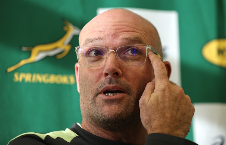 Jacques Nienaber, the South Africa head coach faces the media during the South Africa Springboks media session held at The Lensbury on Tuesday in Teddington, England.