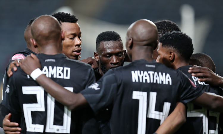 Vincent Pule of Orlando Pirates celebrates with teammates during the Absa Premiership 2018/19 match between Orlando Pirates and Chippa United at the Orlando Stadium, Soweto on 08 January 2019 ©