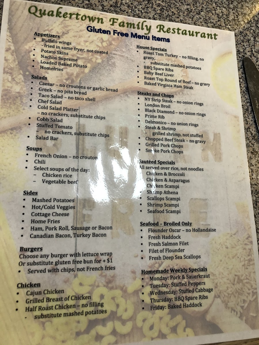 Quakertown Family Restaurant gluten-free menu