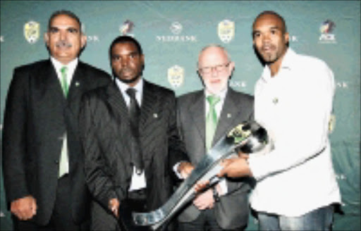 DREAM DRAW: From left to right, Nedbank's Mohamed Saloojee, Tuks PRO Kenneth Neluvhalani, the PSL's Ronnie Schoss and Celtic's Khumbulani Konco during the Nedbank Cup draw at Melrose Arch in Johannesburg yesterday. 23/03/2009. Pic. Abbey Sebetha. © Eagency