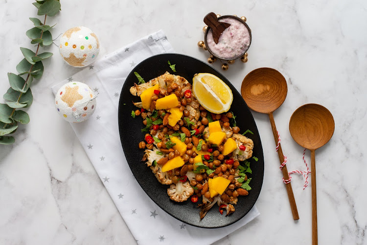 Grilled cauliflower steak, crispy chickpea and mango salad.