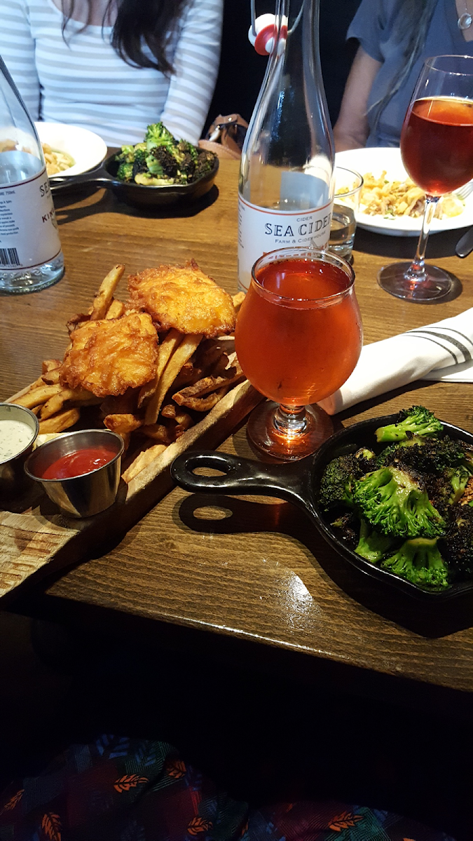 Fish & chips with charred broccoli & Snowdrift Red Apple Ale. It was to die for!