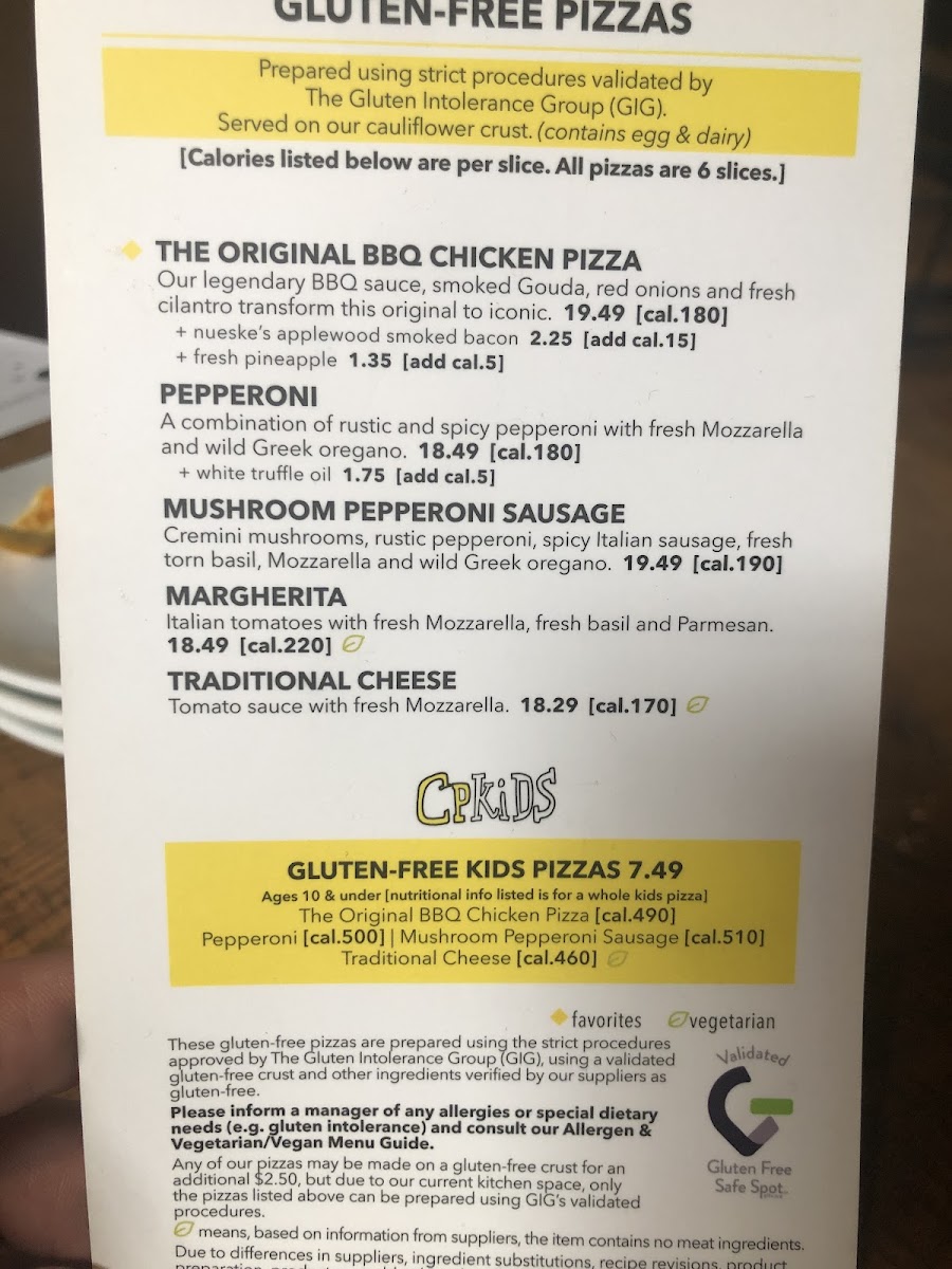 California Pizza Kitchen gluten-free menu