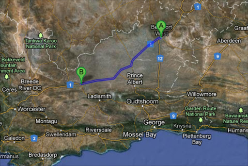 Beaufort West (A) to Laingsburg (B) on Google Maps