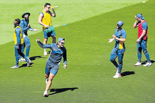 FINAL PREPS: Rilee Rossouw celebrates scoring a goal in a game of football during a Proteas nets session in Wellington yesterday Picture: GETTY IMAGES