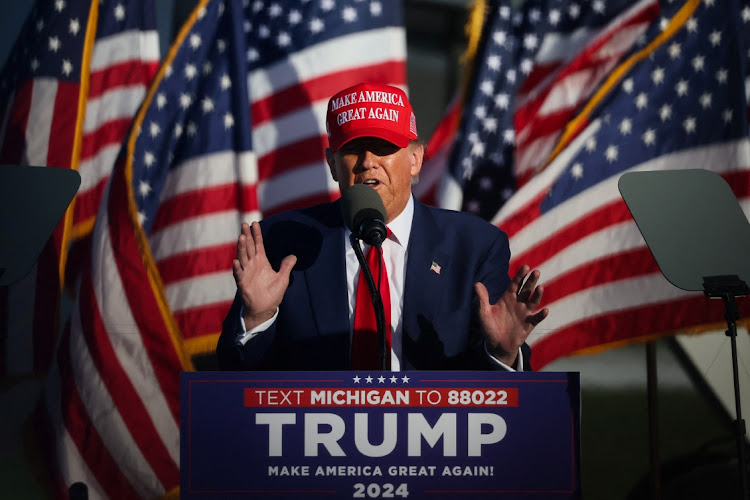 Republican presidential candidate and former US President Donald Trump speaks during a campaign event in Freeland, Michigan, US May 1, 2024.