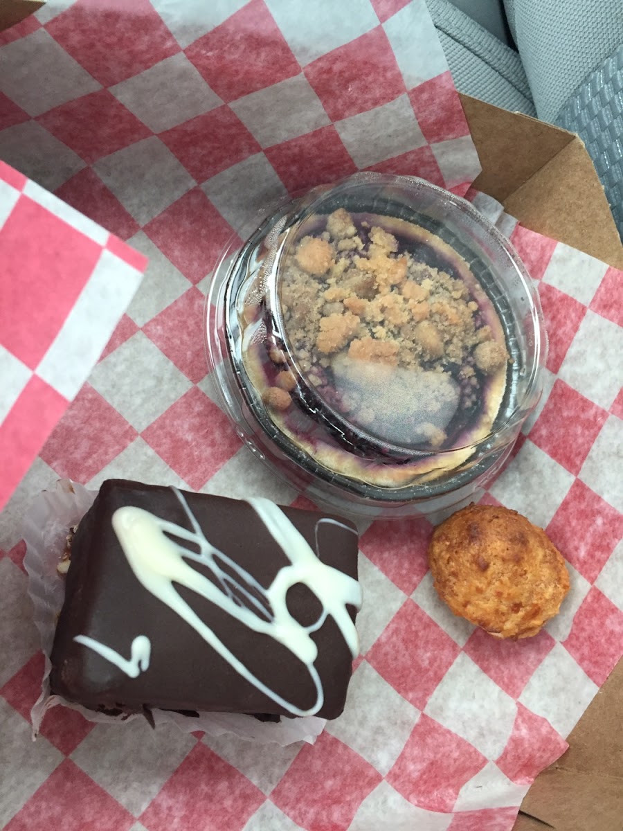 Chocolate Ganache Cake (AMAZING!), Blueberry pie, a baked cheese ball