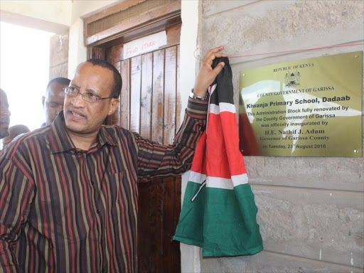 Garissa Governor Nathif Jama opens an administration block at Kiwanja Primary School in Dadaab on Wednesday /STEPHEN ASTARIKO