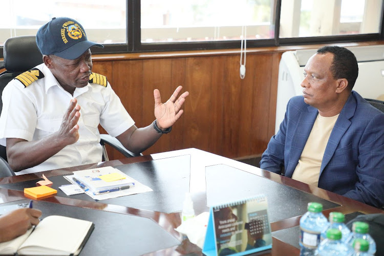 Kenya Ports Authority managing director, Captain William Ruto with Ethiopia's Minister for Transport and Logistics Alemu Sime during a meeting at KPA headquarters in Mombasa/ KPA