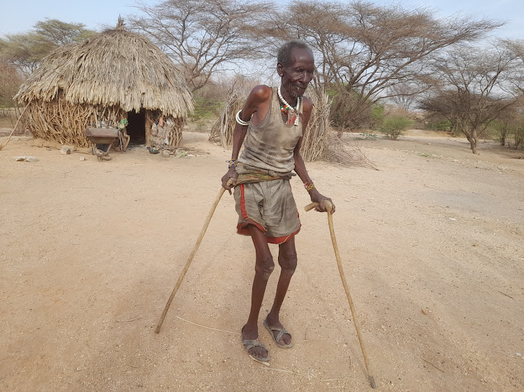 Samal Logiron, 84, a resident of Muruese village in Turkwel, Loima Sub County is among thousand of the residents ravaged by drought and starvation in Turkana