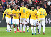 Sibusiso Vilakazi of Mamelodi Sundowns celebrates goal with teammates during the 2018 Mandela Centenary Cup Friendly match between Mamelodi Sundowns and Barcelona at FNB Stadium, Johannesburg on 16 May 2018.