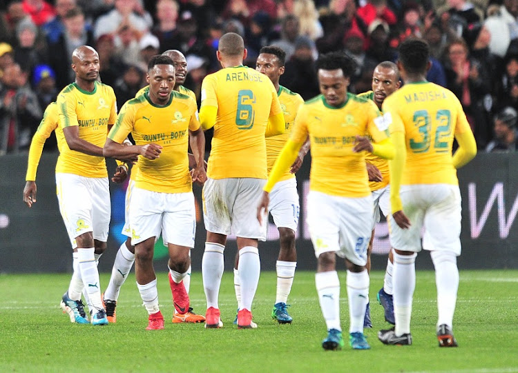 Sibusiso Vilakazi of Mamelodi Sundowns celebrates goal with teammates during the 2018 Mandela Centenary Cup Friendly match between Mamelodi Sundowns and Barcelona at FNB Stadium, Johannesburg on 16 May 2018.