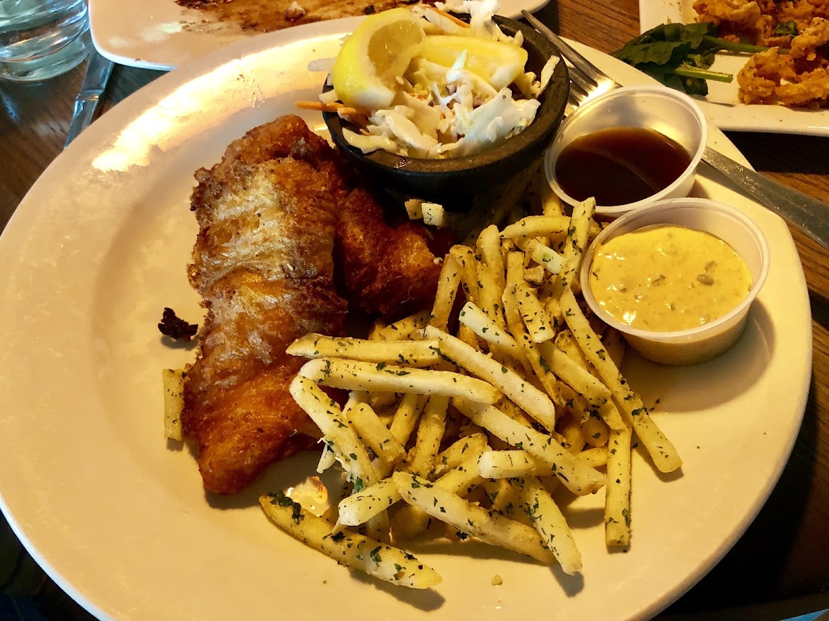 “fish n chips” gf battered, fried cod with truffle, garlic fries. The tartar sauce was a little spicy and combined w/ the malt vinegar, made this was an absolutely amazing feast