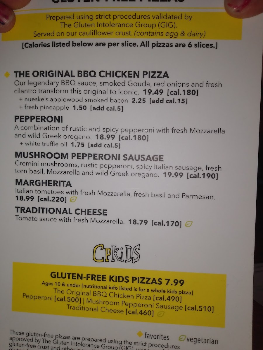 California Pizza Kitchen gluten-free menu