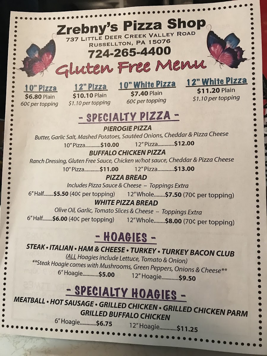 Zrebnys Pizza Shop gluten-free menu