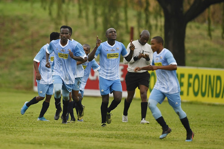 Zizwe United FC players celebrate during the 2020 ABC Motsepe League national play-off match between Zizwe United and Polokwane City Rovers at Vaal University of Technology on November 10 2020 in Johannesburg.