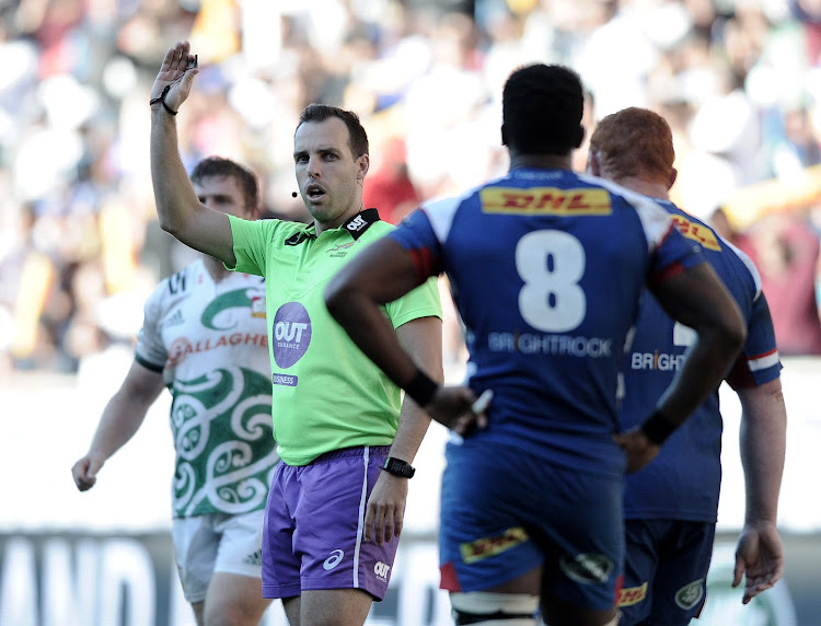 Referee Mike Fraser during the 2018 Super Rugby game between the Stormers and the Chiefs at Newlands Rugby Stadium, Cape Town on 12 May 2018.
