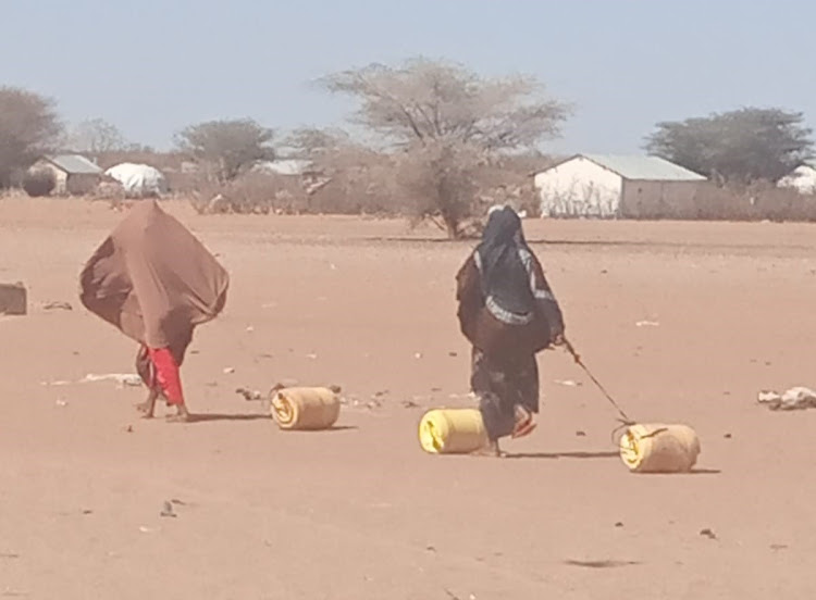 Women pulling jerry cans in Dambas, Wajir West subcounty.