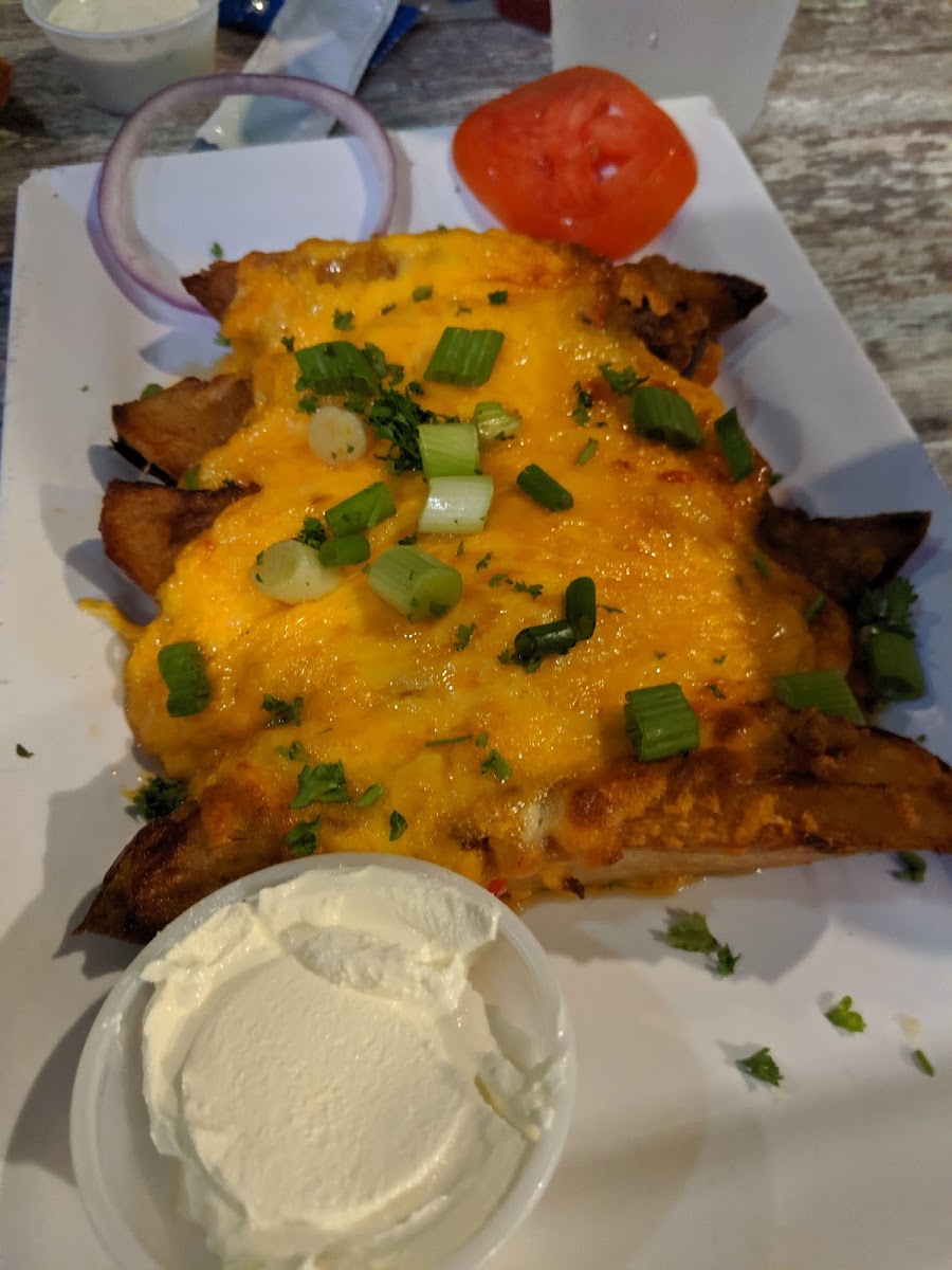 potato wedges topped with melted pimento cheese