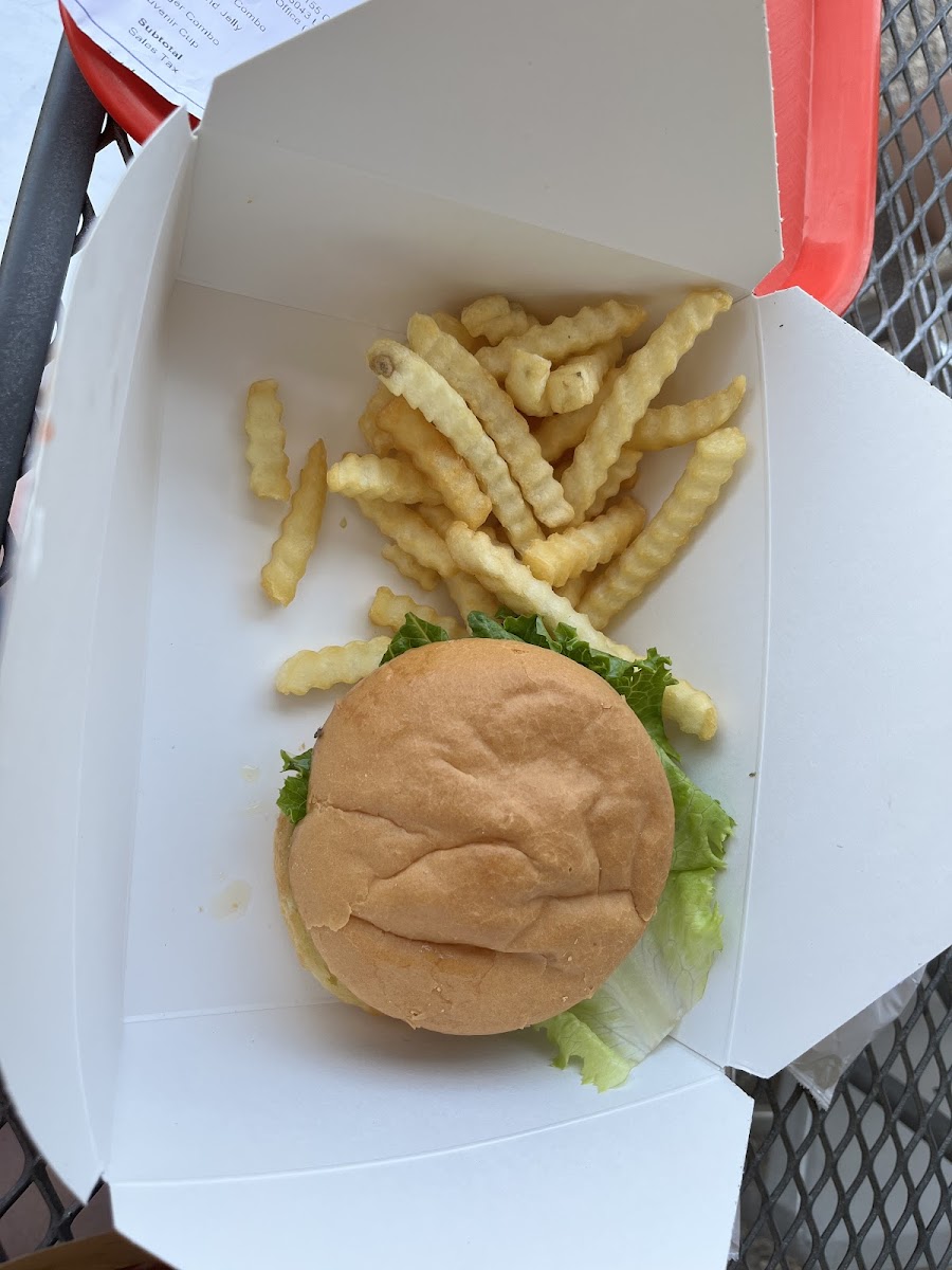 Chicken burger with gluten free bun and fries.