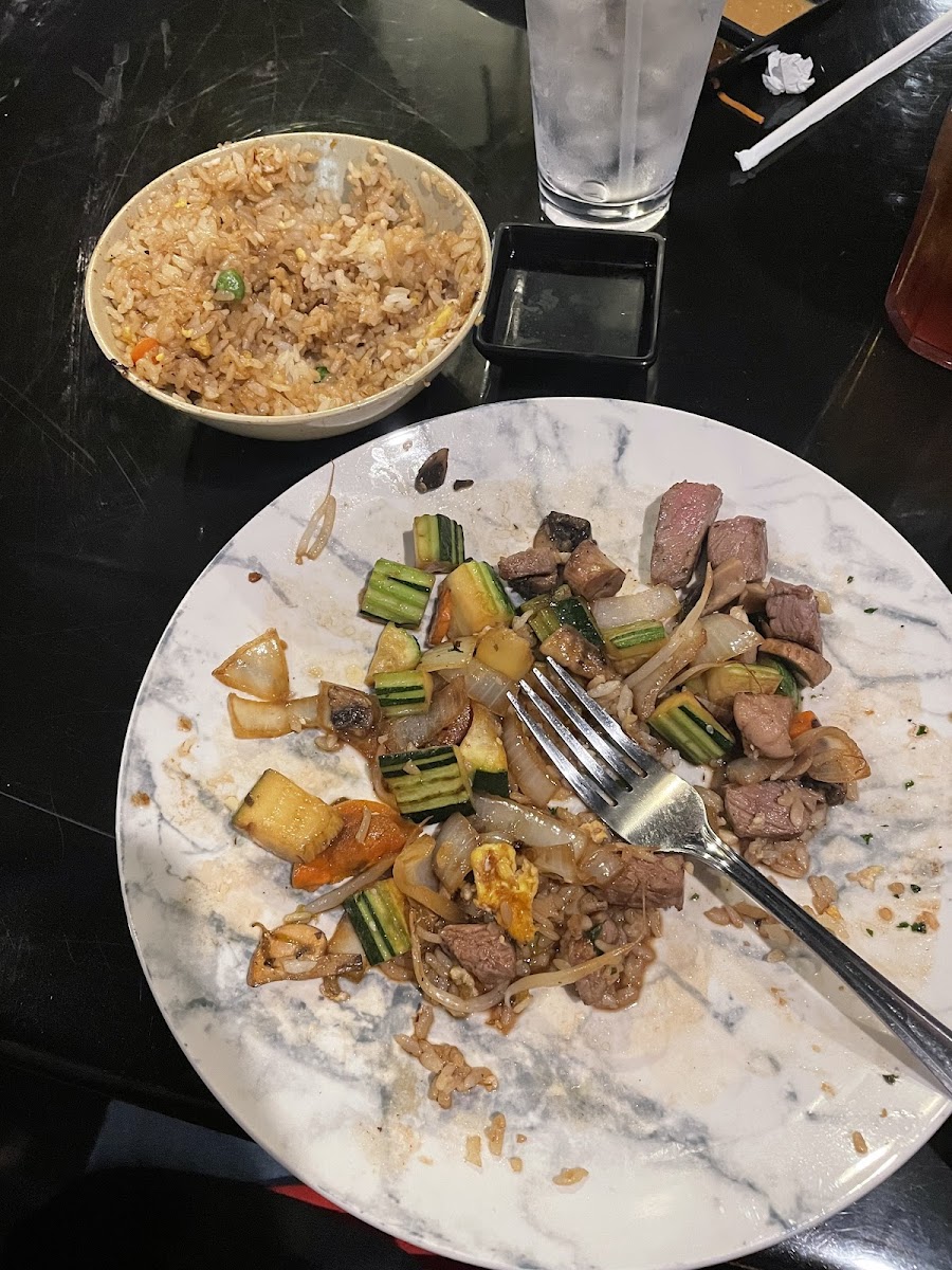 Gluten free fried rice with steak and scallops