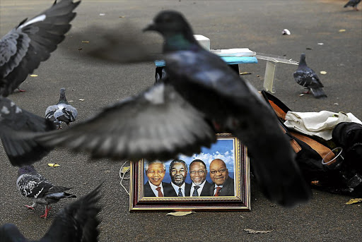 FROM MANDELA TO THIS: Pigeons in flight in front of a street photographer's stall in Church Square, Pretoria, ahead of the march today by political parties against President Jacob Zuma.