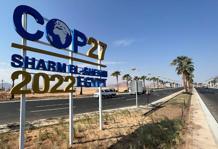 View of a COP27 sign on the road leading to the conference area in Egypt's Red Sea resort of Sharm el-Sheikh town as the city prepares to host the COP27 summit next month, in Sharm el-Sheikh, Egypt October 20 2022. Picture: REUTERS/SAYED SHEASHA