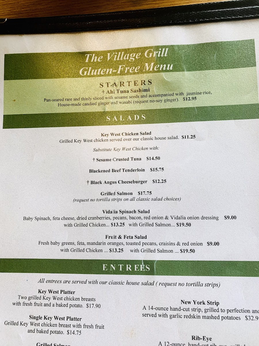 Village Grill gluten-free menu