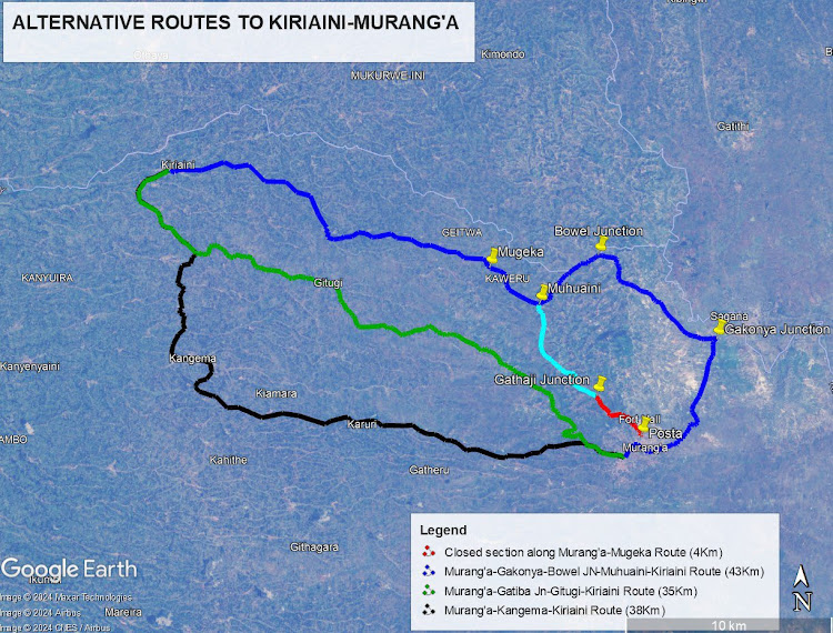 A map of the alternative routes to Kiriani - Murang'a