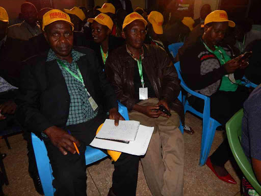 A file photo of Kericho county Jubilee politicians at a vote tallying centre. /FELIX KIPKEMOI