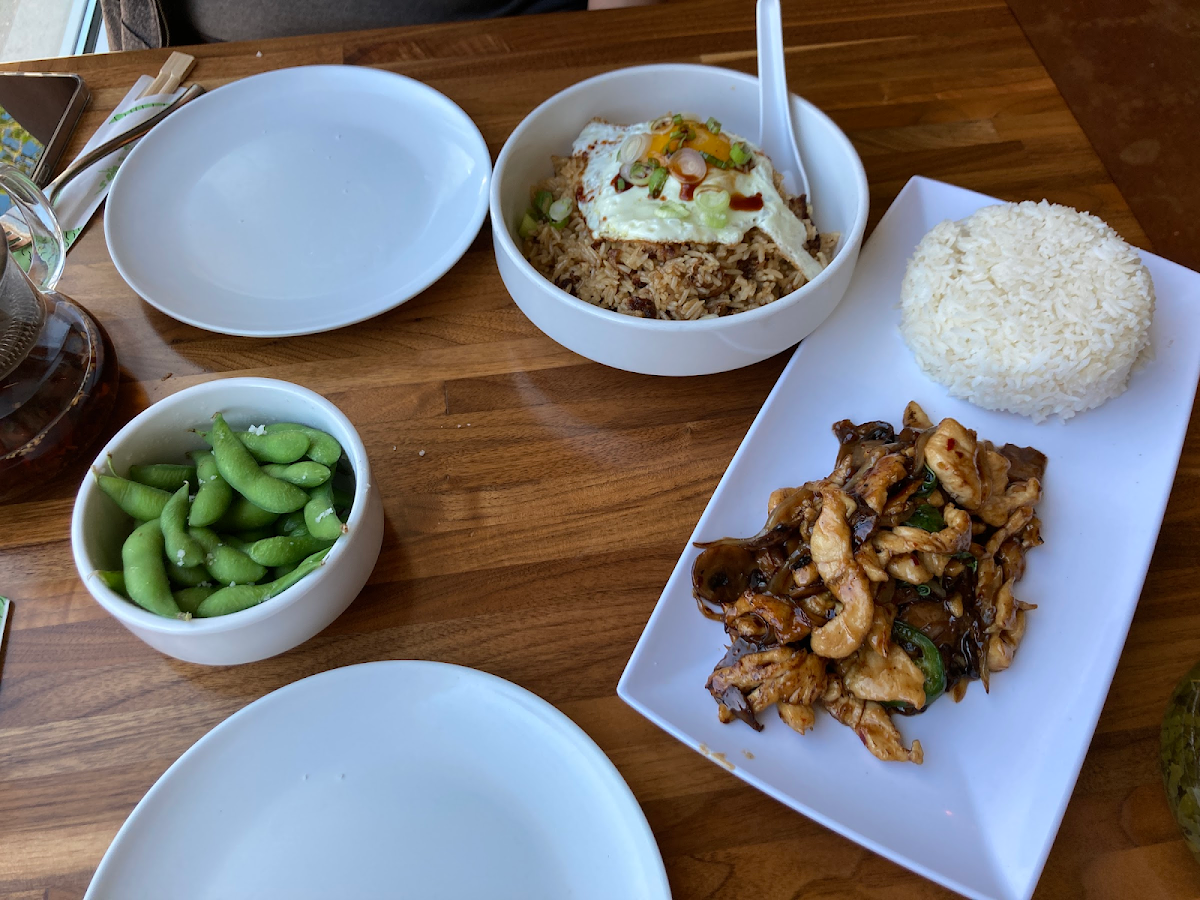 Edamame, Basil Chicken and Adobo Fried rice