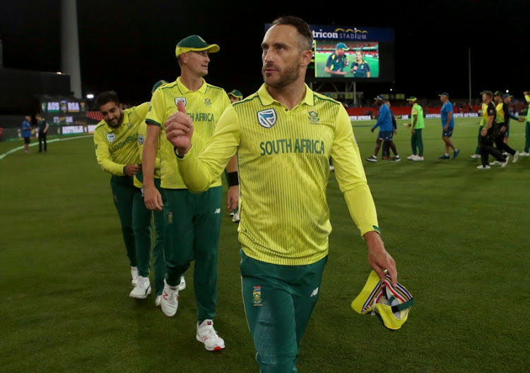 South African captain Faf du Plessis celebrates the win during the International Twenty20 match between Australia and South Africa at Metricon Stadium on November 17, 2018 in Gold Coast, Australia.