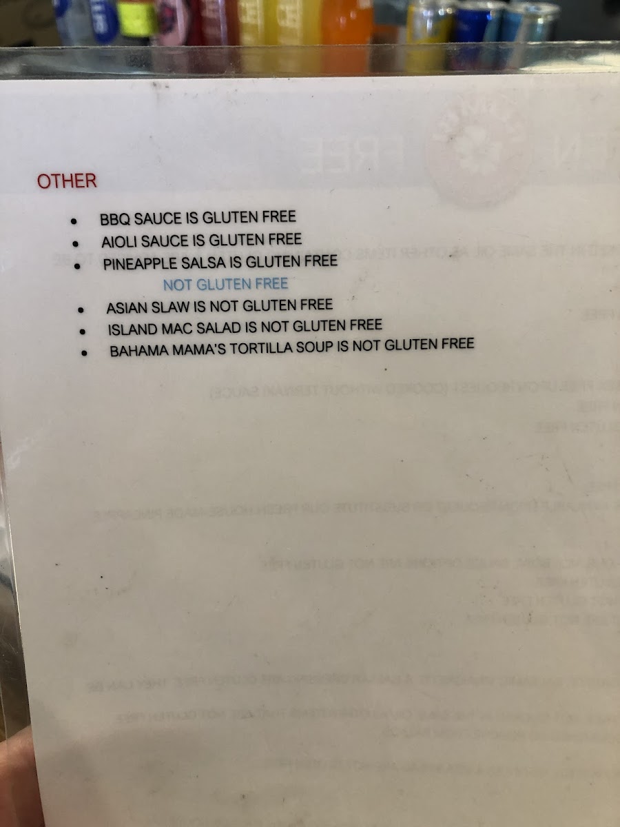 Second page of their laminated gluten free menu