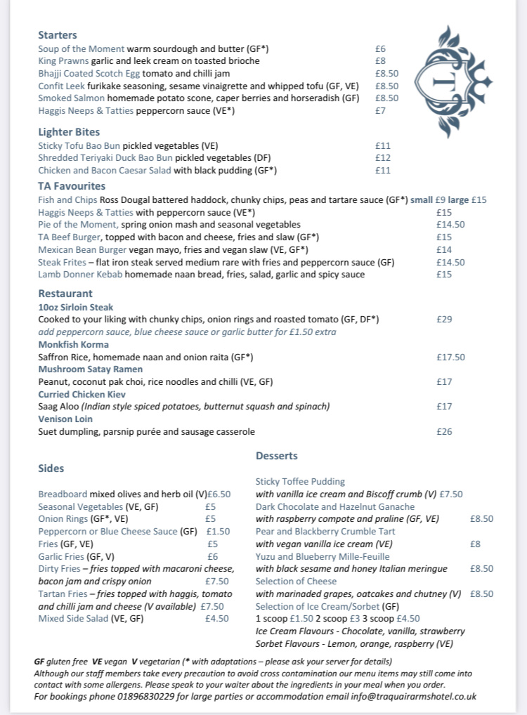 Traquair Arms Hotel gluten-free menu