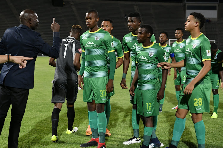 Baroka FC coach Wedson Nyirenda dishes out instructions to his players during the goalless Absa Premiership match away against Mamelodi Sundowns at Lucas Moripe Stadium in Atteridgeville, west of Pretoria, on December 11, 2018.