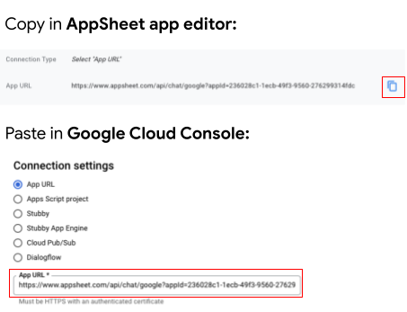 Copy App URL connection setting from AppSheet app editor to Google Cloud console