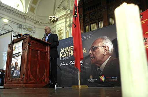 Former finance minister Pravin Gordhan speaking during Ahmed Kathrada's memorial at the Johannesburg City Hall.