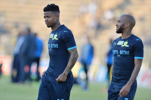 George Lebese and Oupa Manyisa of Sundowns during the MTN 8 quarter final match between Mamelodi Sundowns and Maritzburg United at Lucas Moripe Stadium on August 13, 2017 in Pretoria, South Africa. (Photo by Lefty Shivambu/Gallo Images)