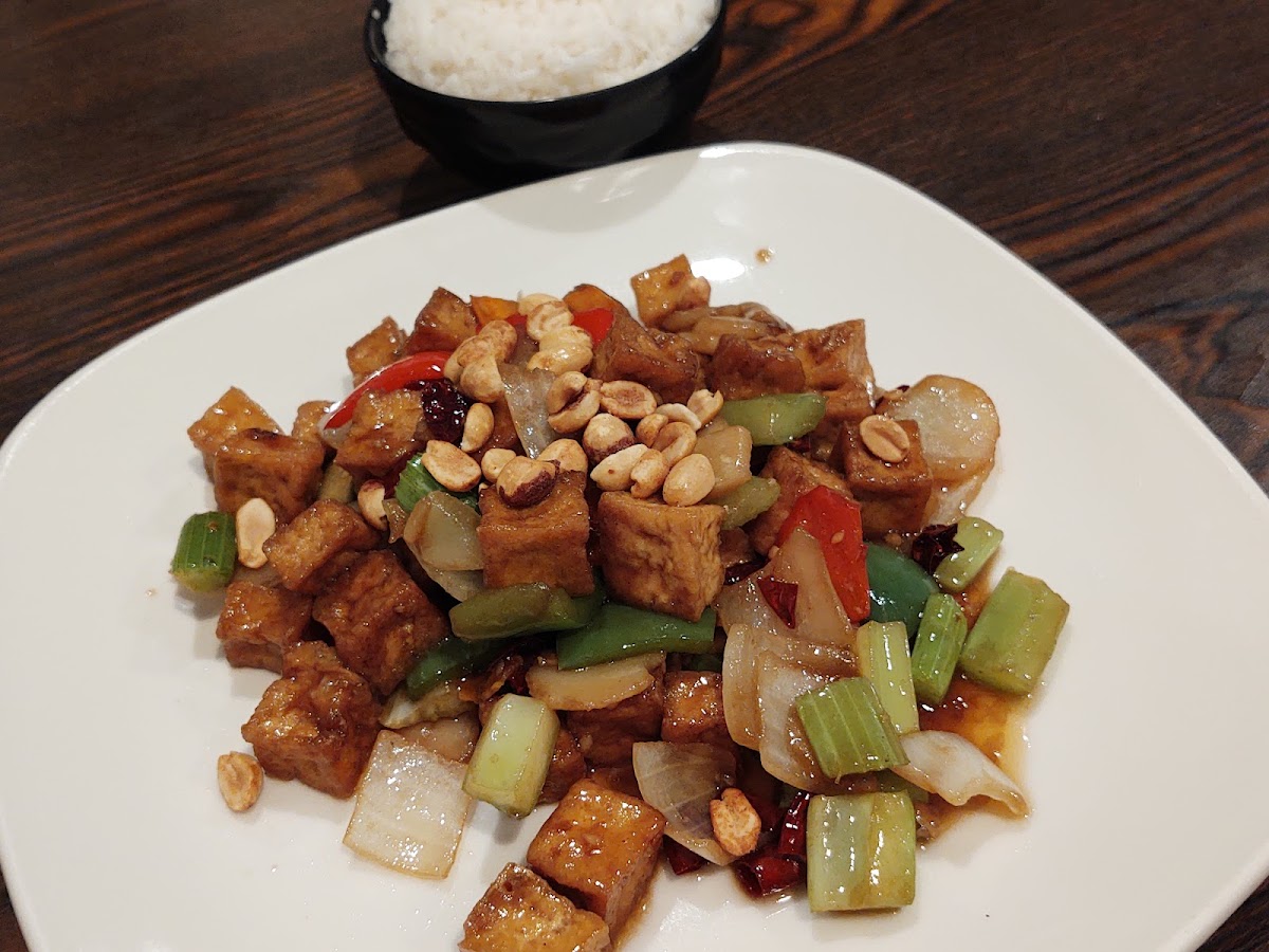 Kung Pao Tofu, vegan and gluten free, served with steamed rice. (Fried tofu from a dedicated GF fryer)