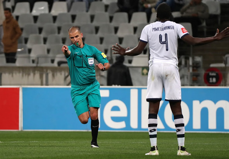 Victor Gomes, Match Referee awards a penalty to Cape Town City FC during the Absa Premiership 2017/18 football match between Cape Town City FC and Platinum Stars at Cape Town Stadium, Cape Town on 23 August 2017.