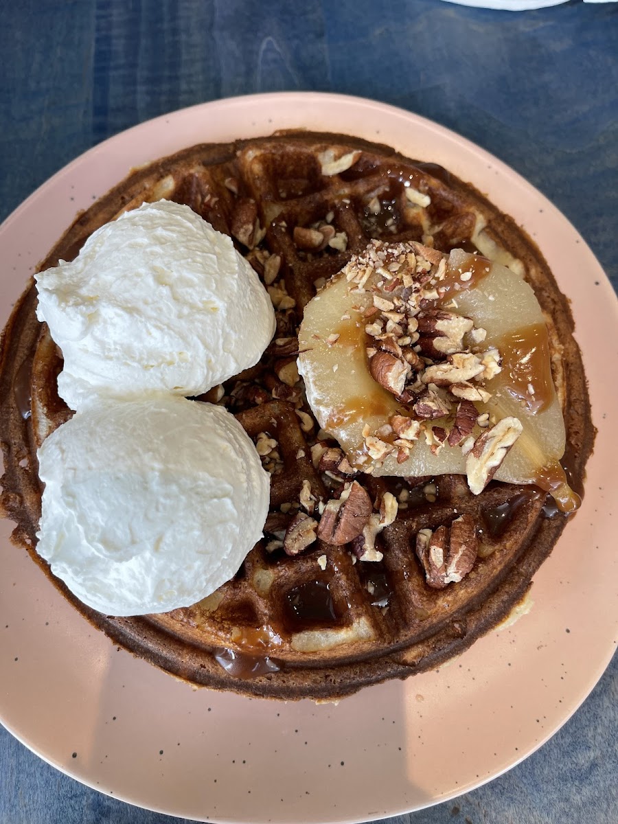 Waffle with Spiced Poached Pear, Roasted Pecans, and Sea Salt Caramel.