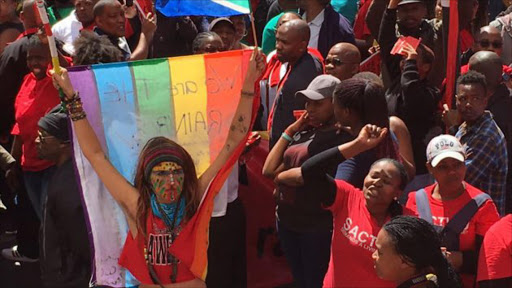 Participants of the Cosatu march in Cape Town waiting for Western Cape Premier Helen Zille to collect a memorandum from the union's provincial secretary Tony Ehrenreich Picture: PETRU SAAL