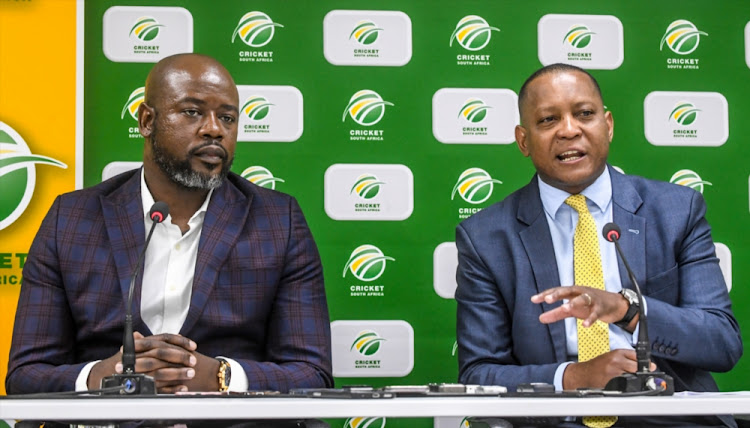 CEO Thabang Moroe of CSA and COO Chris Maroleng of SABC during the CSA media briefing on T20 League at CSA Head Quarters on September 26, 2018 in Johannesburg, South Africa.