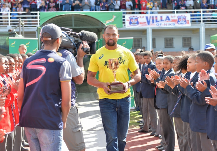 Cornal Hendricks holding the trophy prior the Gold Cup 2016 match between OneLogix United Bulk Worcester Villagers and Tiger Wheel & Tyre Welkom Rovers at Boland Park on September 10, 2016 in Worcester, South Africa.