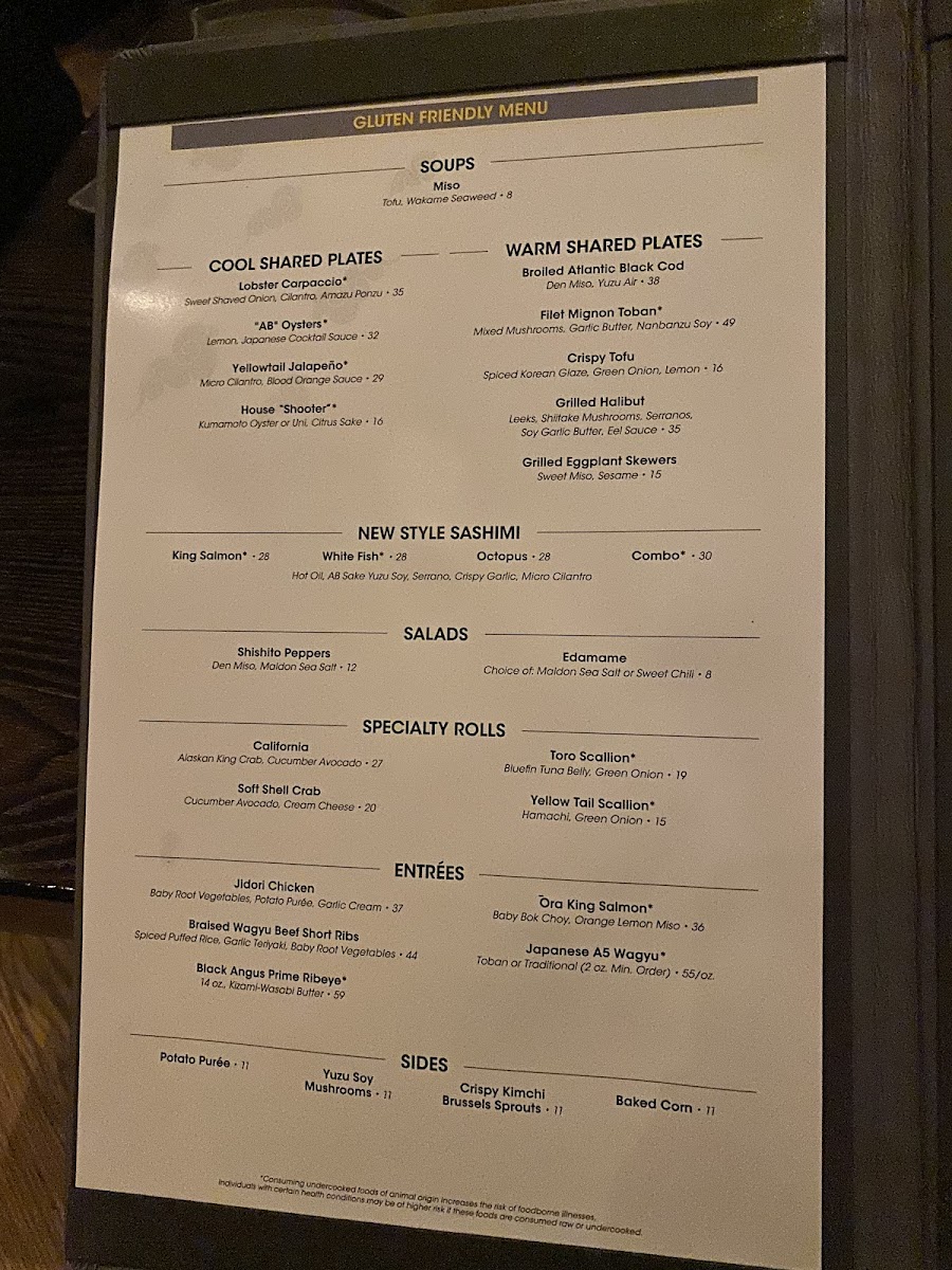 Yellowtail at the Bellagio gluten-free menu