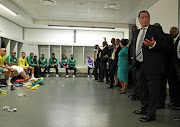 SA Football Association president Danny Jordaan is seen inside the Bafana Bafana dressing room at the FNB Stadium in Soweto, south west of Johannesburg, on Saturday October 13 2018 following a 6-0 2019 Africa Cup of Nations qualifying win over Seychelles.